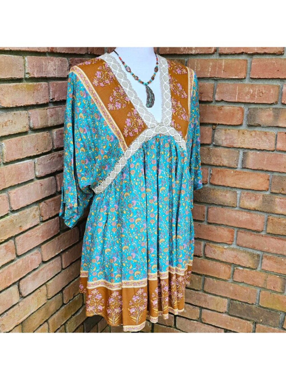 Boho Floral Lace Trim Dress, Teal Rust Print, Cottagecore, GiGiO Brand, Size S - Picture 4 of 11